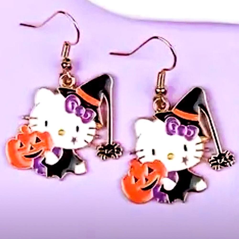 HK witch earrings spooky halloween hello kitty cute pumpkin drop dangle gift new